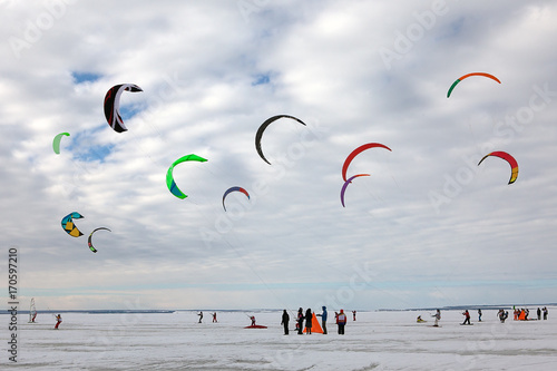 snowkite in winter cloudy day on day