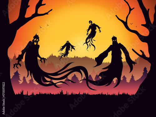 Silhouette of evil spirit flying on forest at full moon night. Illustration about Halloween theme and fantasy.