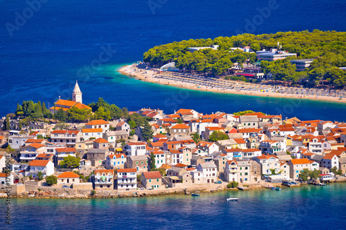 Adriatic tourist destination of Primosten aerial panoramic archipelago view