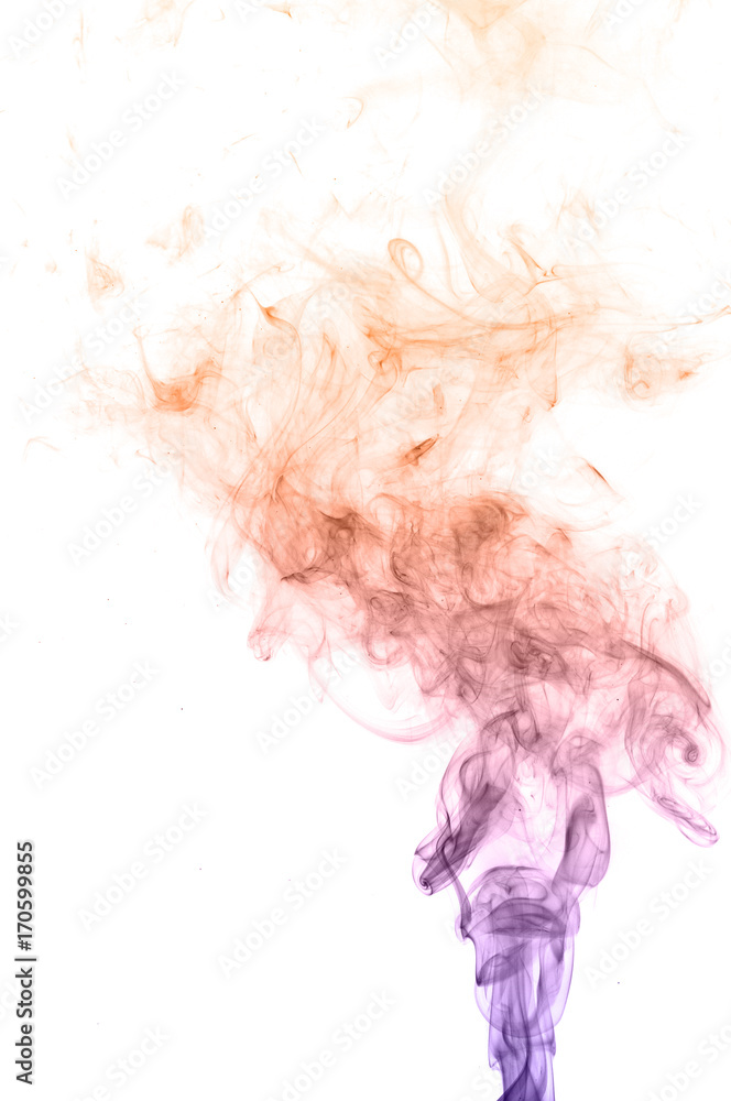 Movement of smoke,orange and purple smoke on white background,  smoke background,orange and purple ink background,smoke background ,beautiful  smoke