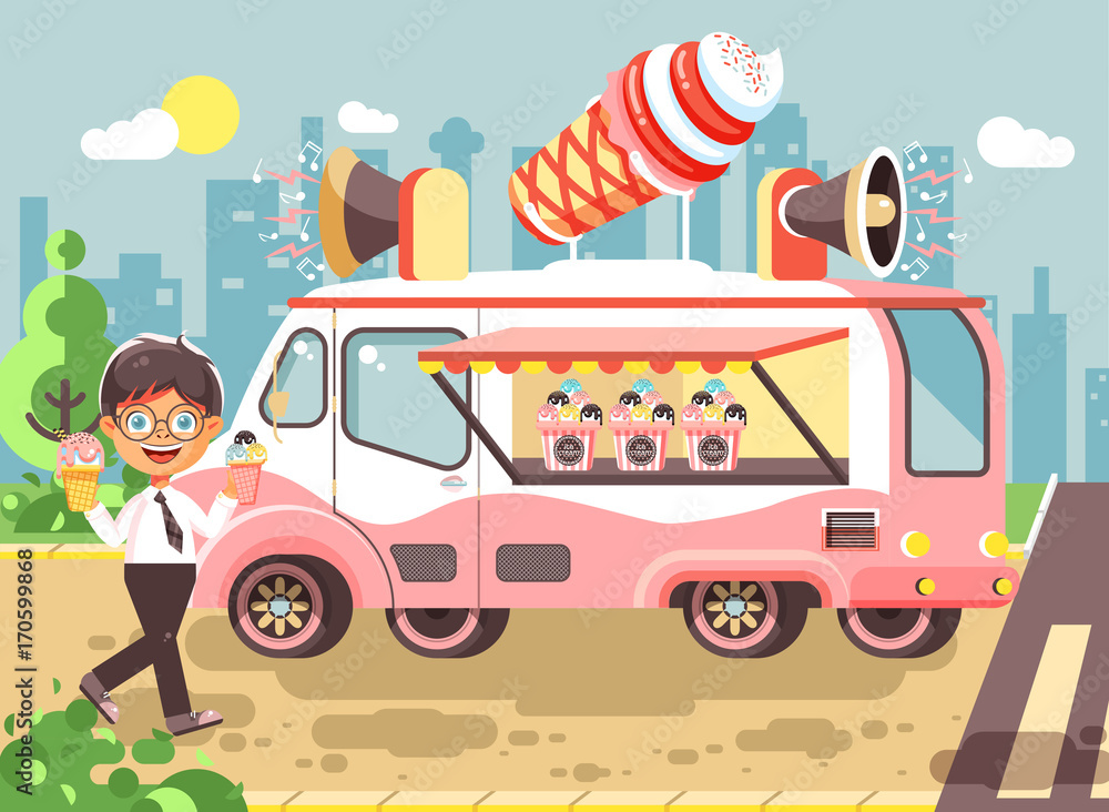 Naklejka premium Vector illustration cartoon character child, pupil, schoolboy lonely brunette boy buy eat ice cream, vanilla, chocolate, popsicles from car, meals on wheels, street food, school snack flat style
