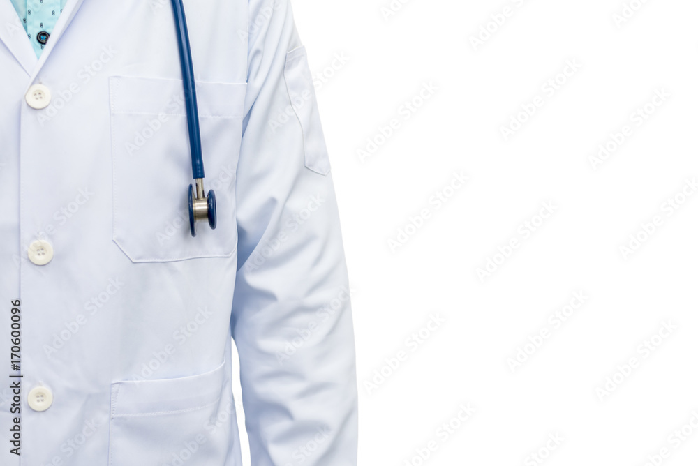 Closed up of Male doctor in white uniform with stethoscope. Isolated on white Closed up of Male doctor in white uniform with stethoscope. Isolated on white