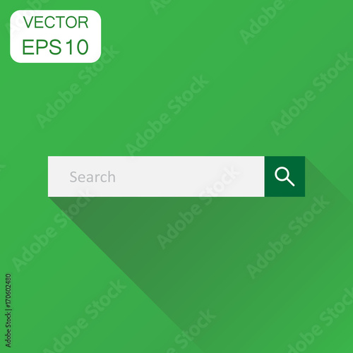 Search bar field icon. Business concept interface element with search button pictogram. Vector illustration on green background with long shadow.