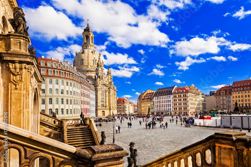 Travel in Germany - elegant baroque Dresden. square Neumarkt with famous Frauenkirche church photo
