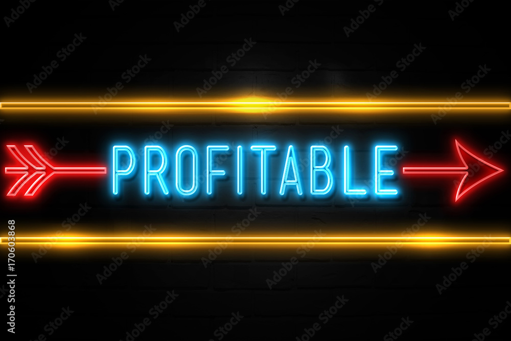 Obraz premium Profitable - fluorescent Neon Sign on brickwall Front view