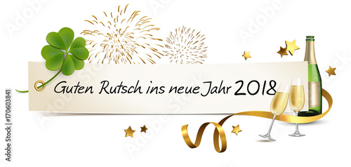 Silvester Banner mit Sekt, Kleeblatt und Feuerwerk - Guten Rutsch ins neue Jahr 2018