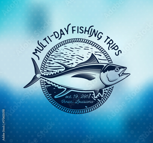 Fishing labels, badges, emblems and design elements. Illustrations of Tuna