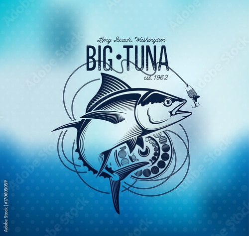 Fishing labels, badges, emblems and design elements. Illustrations of Tuna