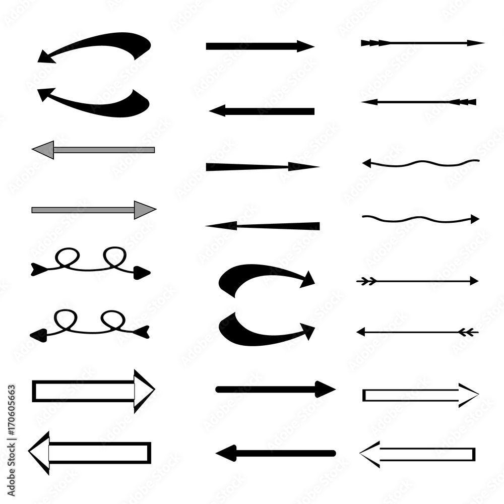 Black arrows for your design. Vector arrows. Vector set of black arrow-shaped elements Vector illustration. Black arrows for your design. Vector arrows. Vector set of black arrow-shaped elements Vector illustration.