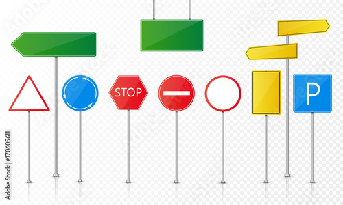 Traffic Light and Road Sign Set. Street signal and road block set. Vector illustration
