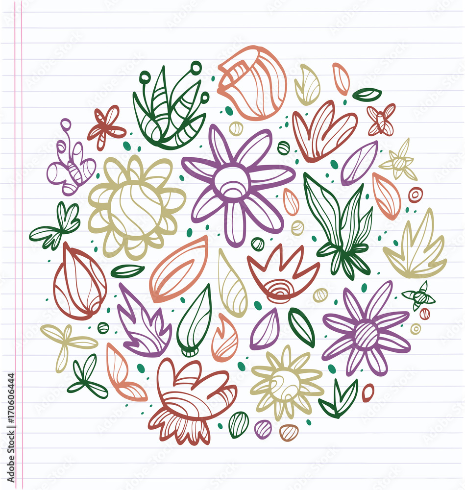 Sheet of notebook with drafts of colorful drawings of leaves and flowers