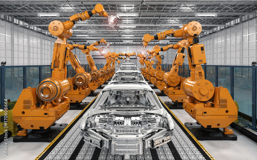 robot assembly line in car factory - obrazy, fototapety, plakaty 