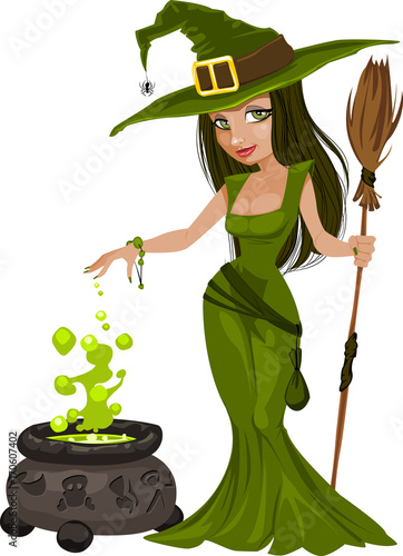 witch with broom beautiful girl illustration