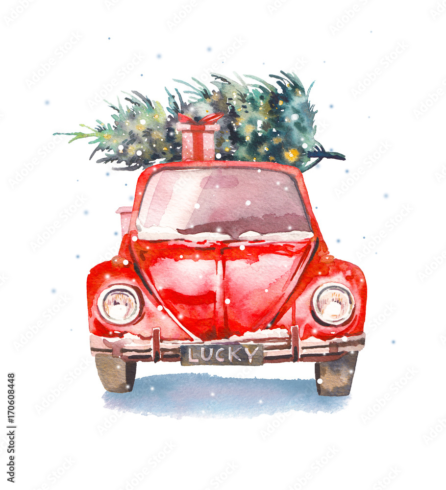 Fototapeta Boże Narodzenie ilustracja. Akwarela retro samochód z pudełko i choinki na górze i płatki śniegu. Odosobniony zima wakacje przedmiot na białym tle