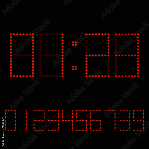 Digital clock. Red numbers on dark background for clock or scoreboard