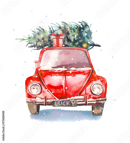 Christmas illustration. Watercolor retro car with gift box and christmas tree on top and snowflakes. Isolated winter holiday object on white background