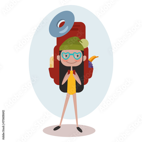 Square banner with girl tourist. Young smile woman is a traveler with a pattern of things for tourism and travel. Poster with Icons of backpack, fanatic, Vector