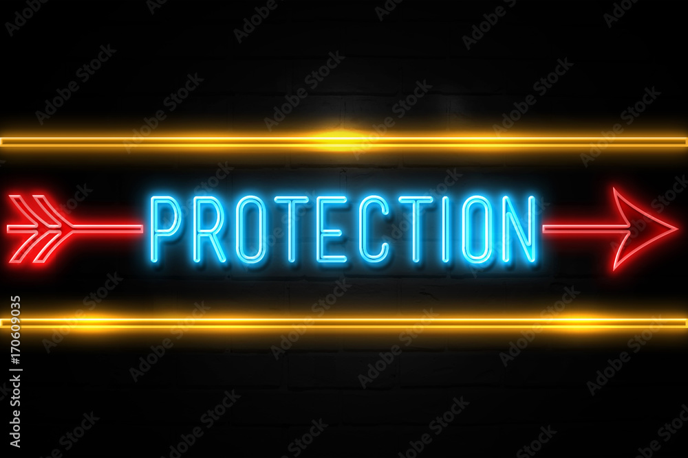 Protection  - fluorescent Neon Sign on brickwall Front view