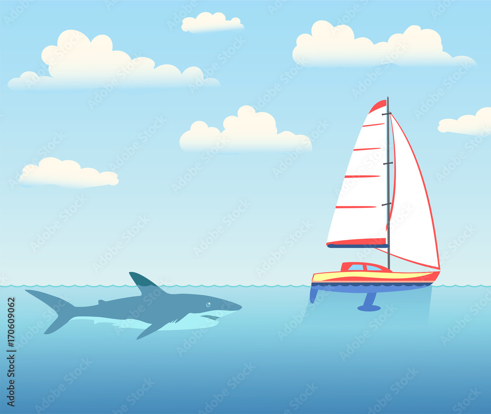 Naklejka premium The shark is pursuing the yacht.