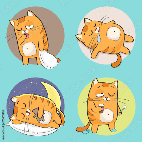 Cute cat character. Set of cute cartoon cat in various poses