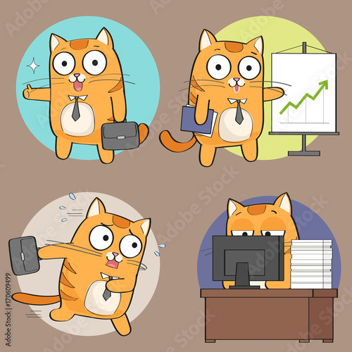 Set of cute cat character at work. Vector illustration