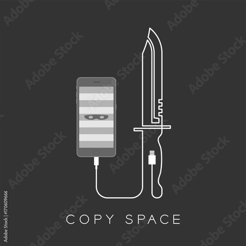 Smartphone with thief mask symbol on screen and knife shape made from usb data cable set internet cyber crime concept illustration isolated on dark background, with copy space