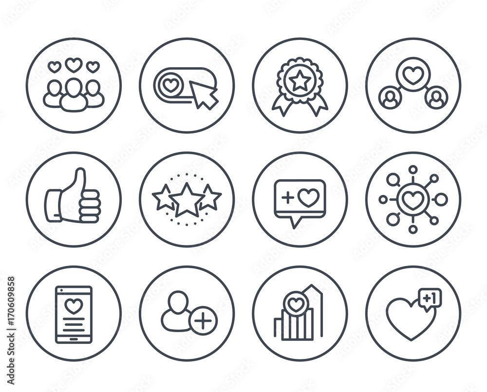 Likes, followers, hearts, rating, reputation line icons on white Likes, followers, hearts, rating, reputation line icons on white