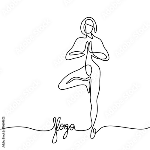Continuous line drawing. Woman doing exercise in yoga pose. Vector Illustration