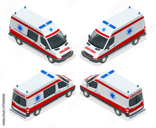 Transport isometric set Ambulance van isolated vector illustration. Emergency medical evacuation accident. Accident Ambulance Aid Service Clinic Emergency Department for Infographics, banner, web
