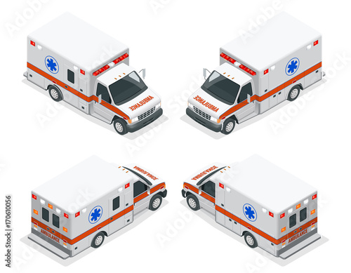 Transport isometric set Ambulance van isolated vector illustration. Emergency medical evacuation accident. Accident Ambulance Aid Service Clinic Emergency Department for Infographics, banner, web