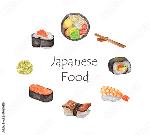 Watercolor Japanese food frame. Round frame with hand draw Japanese food : Sushi, Sushi roll, Wasabi, Chopsticks and ramen noodles 