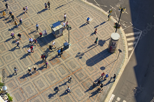 Prague, The Czech Republic: 21 AUGUST 2017- Looking from above. People are crossing the square. Prague. Czech Republic