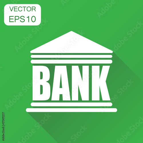 Bank building icon. Business concept bank pictogram. Vector illustration on green background with long shadow.