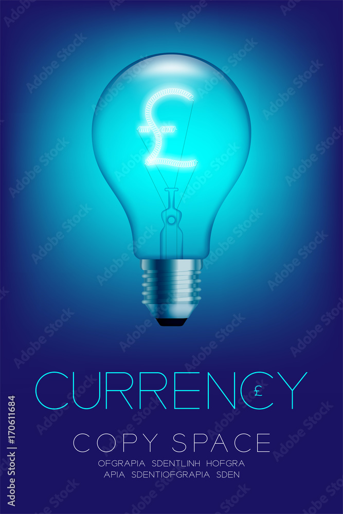 Alphabet Incandescent light bulb switch on set Currency GBP (Pound Sterling) symbol concept, illustration isolated glow in blue gradient background Alphabet Incandescent light bulb switch on set Currency GBP (Pound Sterling) symbol concept, illustration isolated glow in blue gradient background