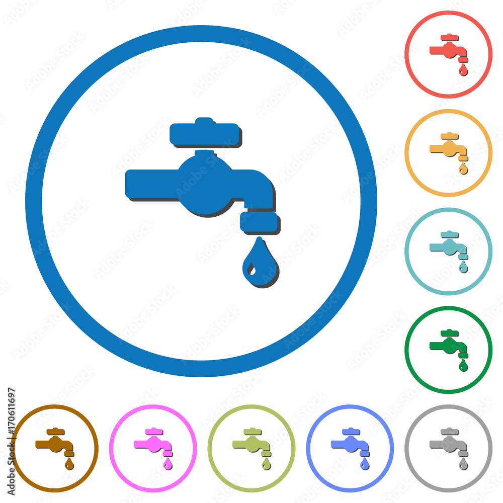 Water faucet with water drop icons with shadows and outlines Water faucet with water drop icons with shadows and outlines