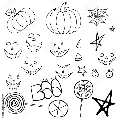 Hand Drawn Halloween Set. Pumpkins, web, scary faces, candies, stars.