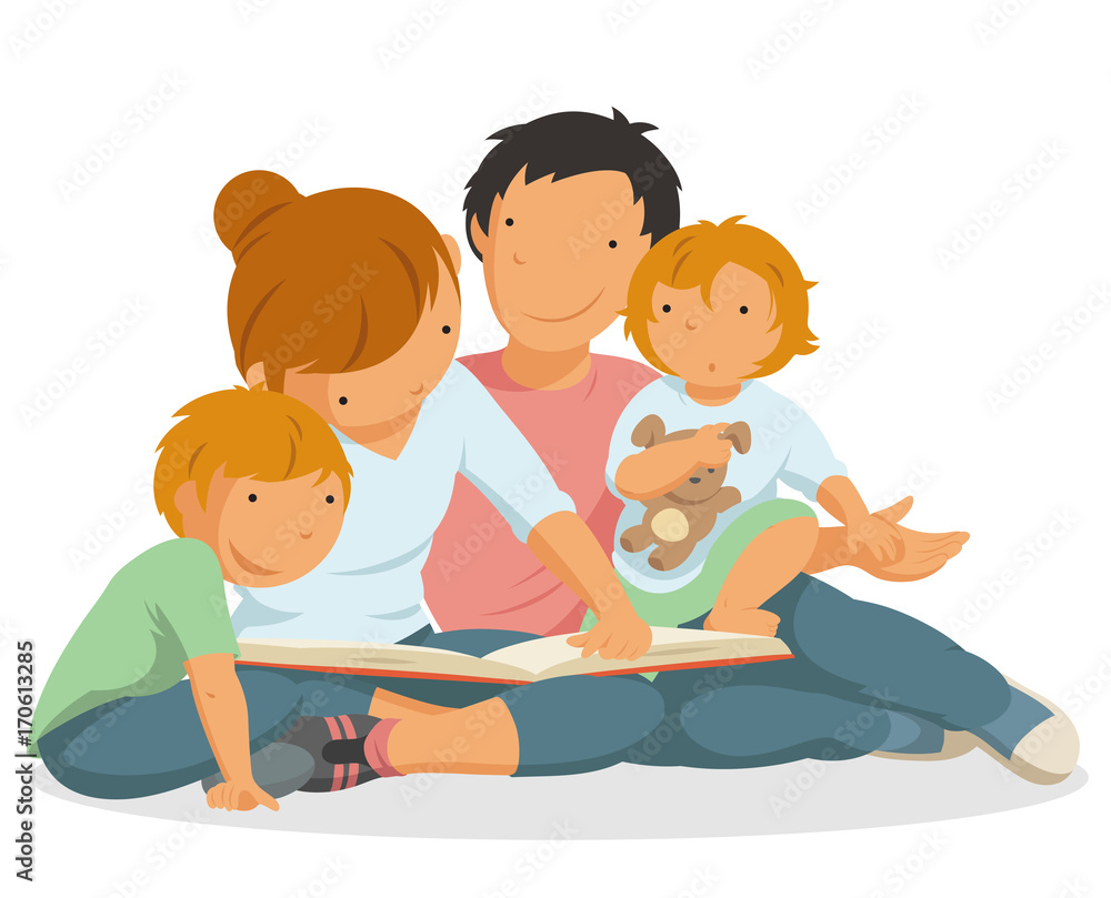 Family Reading a Book, Mother, Father and Children, Parenting, Flat Vector Illustration. Family Reading a Book, Mother, Father and Children, Parenting, Flat Vector Illustration.