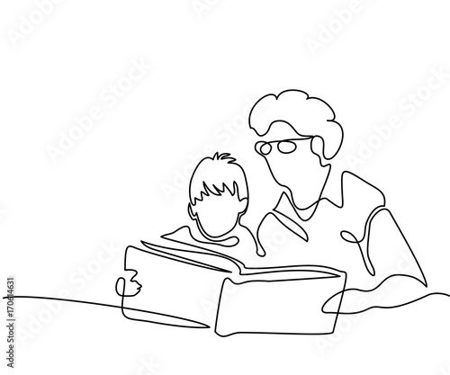 Continuous line drawing. Grandmother sitting with grandson and reading book story. Vector illustration