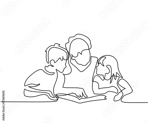 Continuous line drawing. Grandmother reading book with her grandchildren. Vector illustration