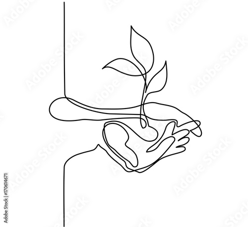 Continuous line drawing. Hands palms together with growth plant. Vector illustration