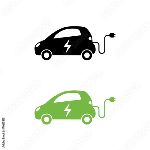 Electric car with electrical charging cable icon. Hybrid Vehicle symbol. Eco friendly auto or electric vehicle concept.