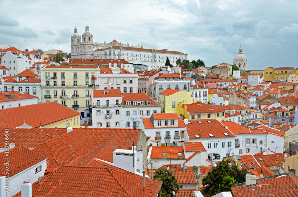 Panoramic view of Lisbon over the roofs from Portas do Sol Miradouro