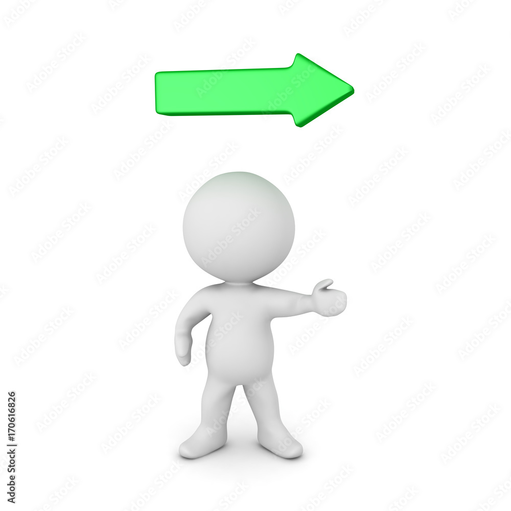 3D Character pointing in the right direction and a green arrow above 3D Character pointing in the right direction and a green arrow above