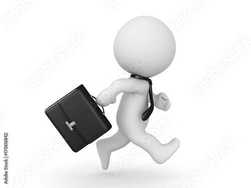 3D Businessman running and holding a black briefcase. Isolated on white.
