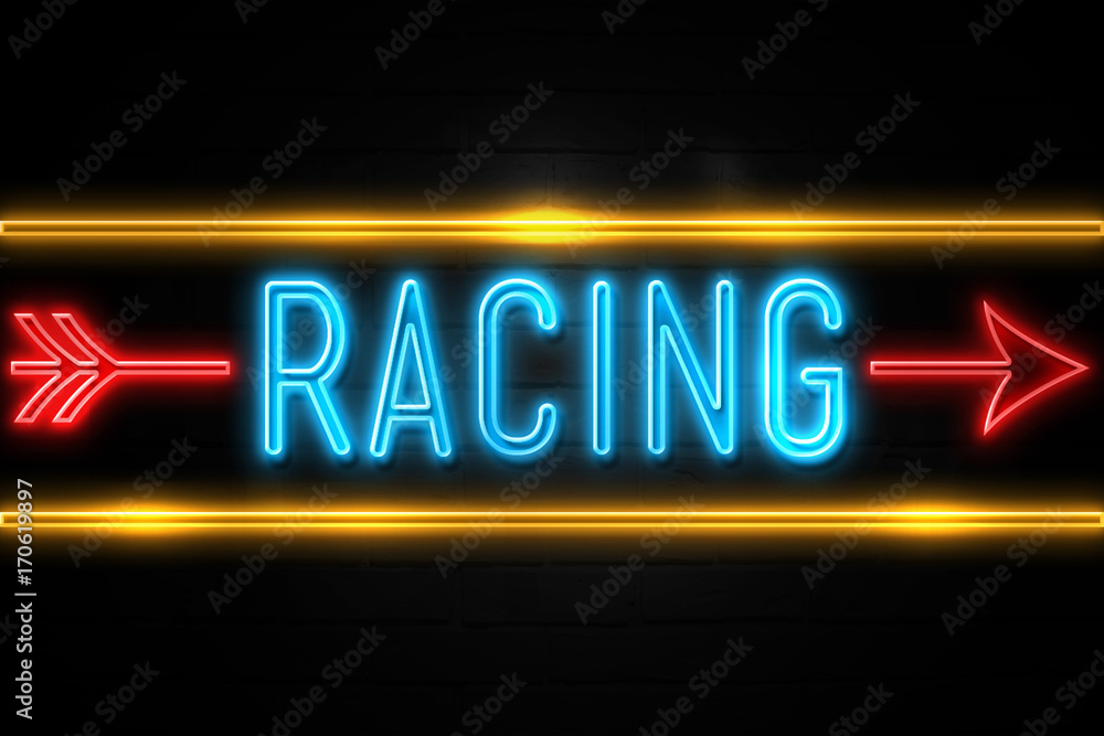 Racing  - fluorescent Neon Sign on brickwall Front view