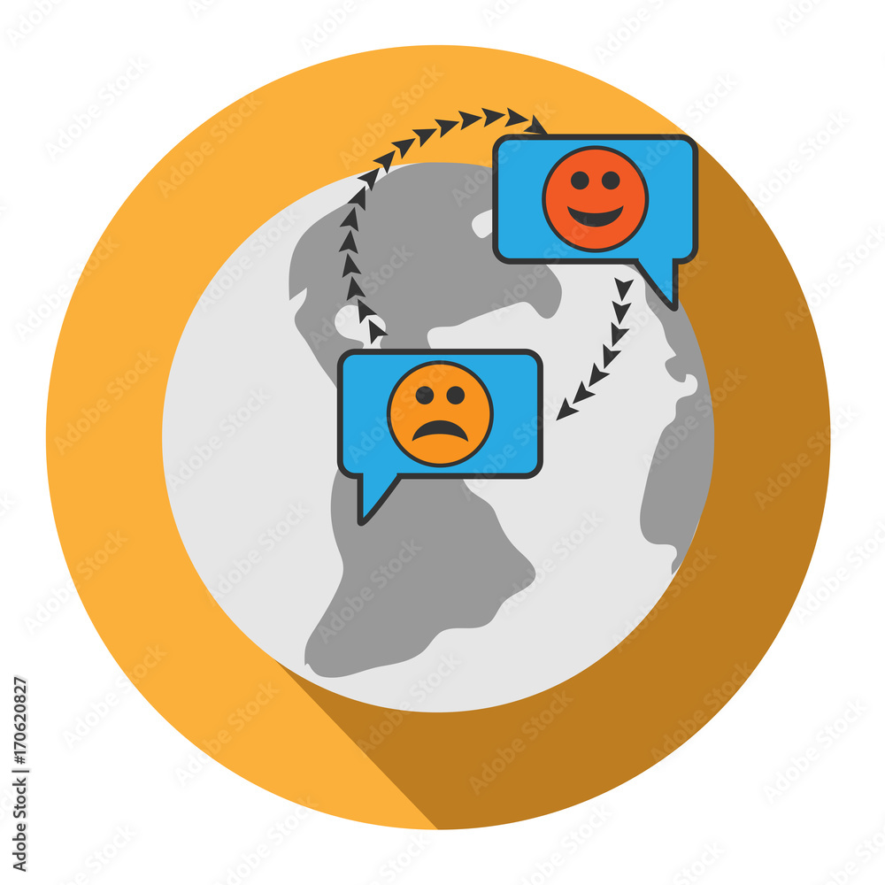 Naklejka premium Talk icon with the help of the Internet on different continents, mobile, communication, information exchange, news, joyful and sad