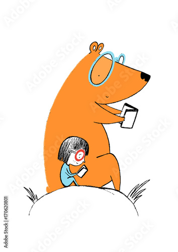 Little girl and a bear reading books