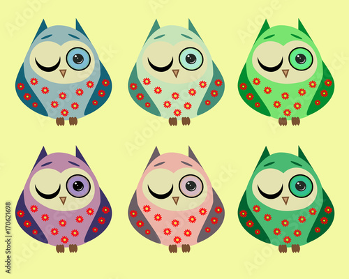 A set of six lovely owls in different color variations in a red flower with one open and one squinted, closed eye