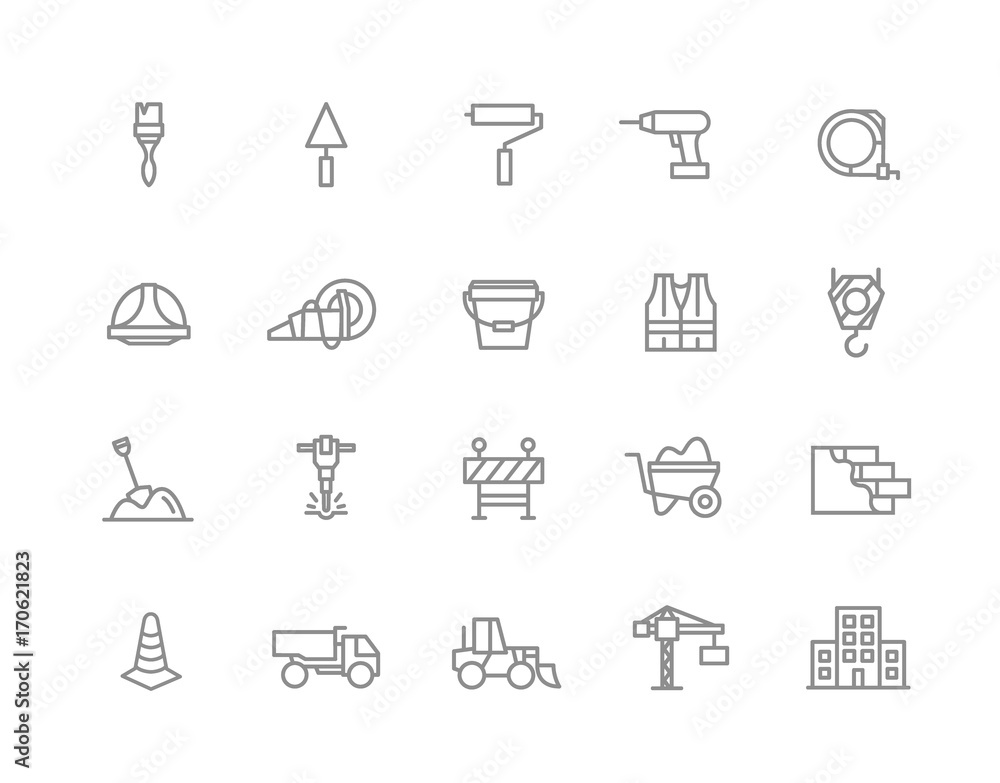 Set of vector construction and repair line icons. Brush, roller, drill, helmet, paint, cone, crane, hook, wall, truck, cament, jackhammer, excavator, workwear, fence, builder and more. Editable Stroke Set of vector construction and repair line icons. Brush, roller, drill, helmet, paint, cone, crane, hook, wall, truck, cament, jackhammer, excavator, workwear, fence, builder and more. Editable Stroke