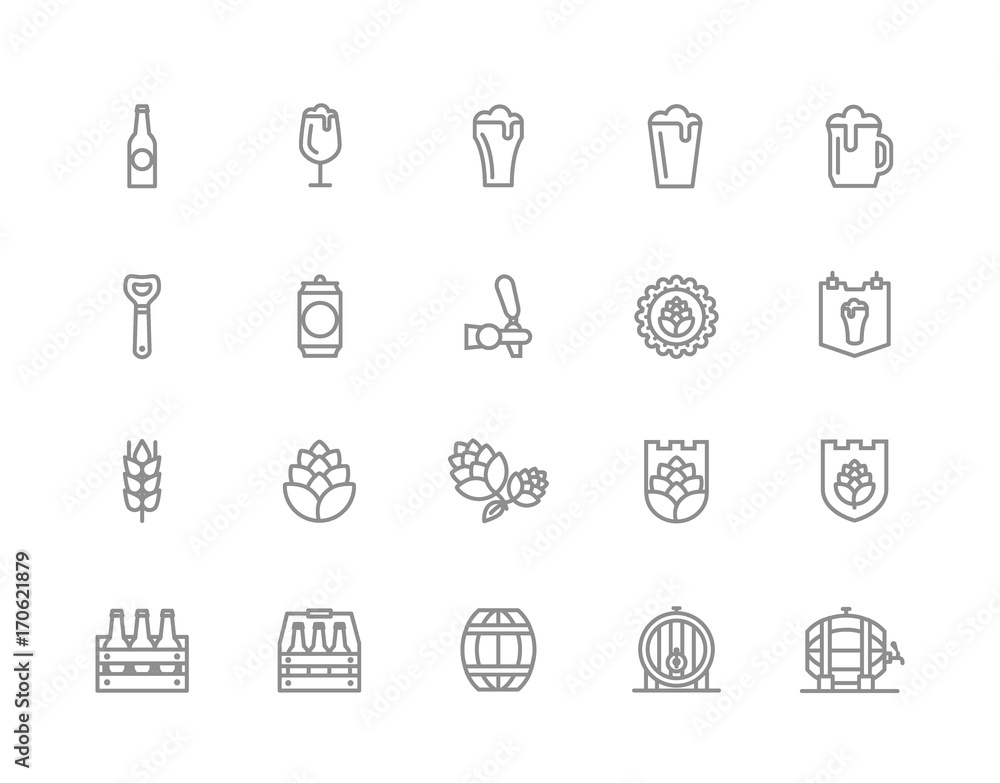 Set of vector beer and bar, pub line icons. Alcohol, bottle, mug, barley, hop, barrel, ale, froth, keg, beaker, jar and more. Editable Stroke.